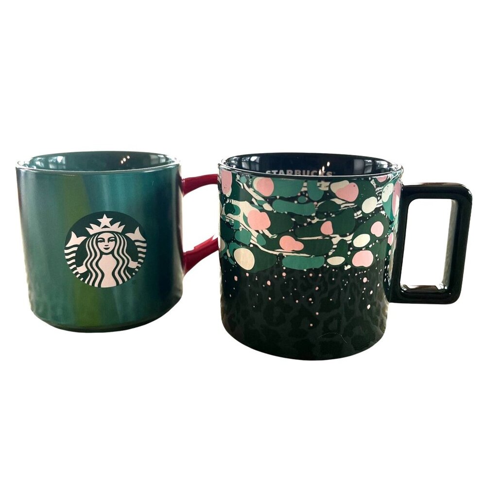 Starbucks Ceramic Holiday Mugs GRN w/ RED Handle, GRN w/ PNK GRN Paint Splatter